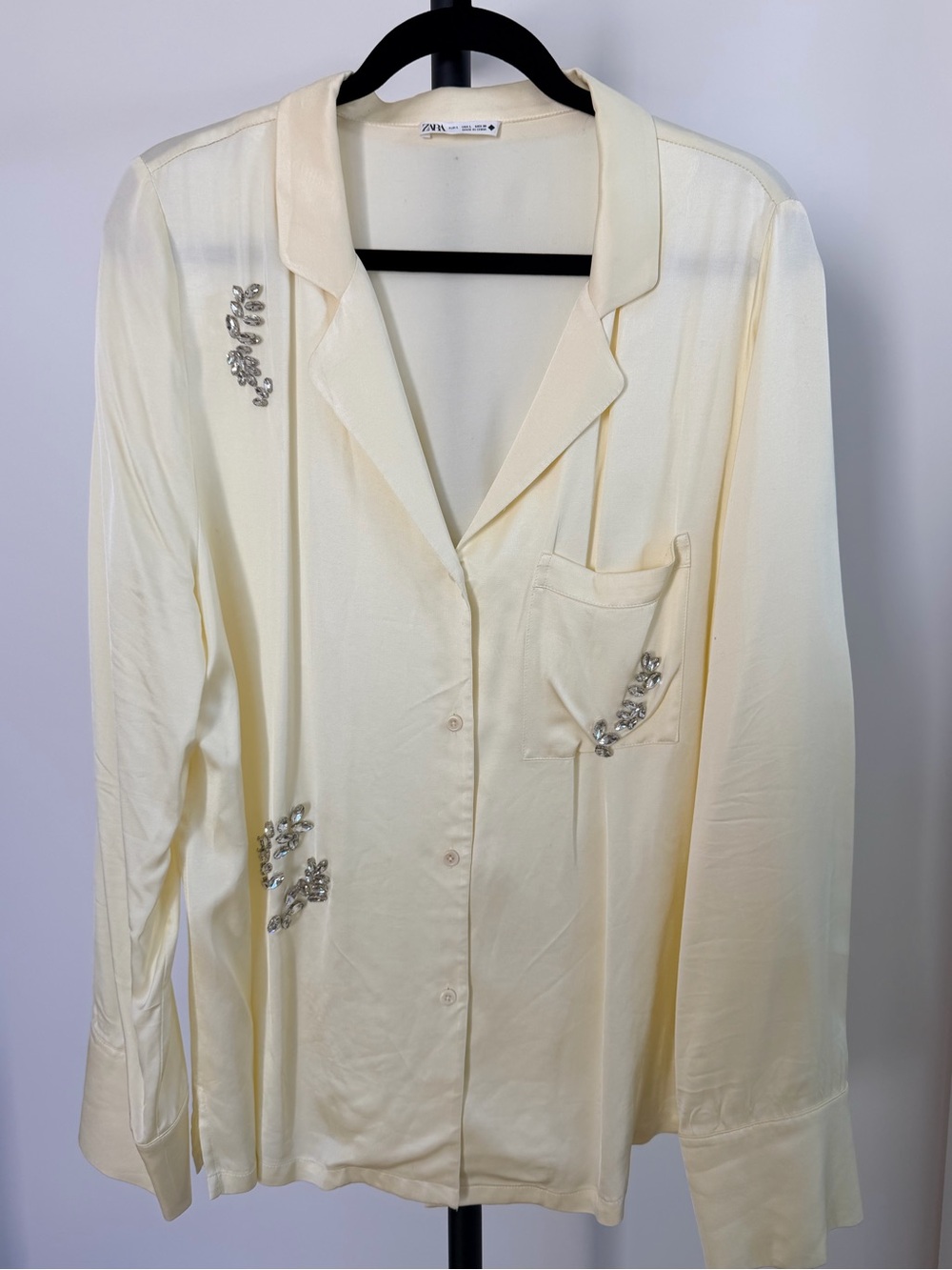 Zara Light Yellow Silky Evening Jacket Top with Rhinestone Detail